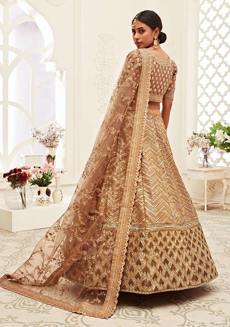 Brown Sequin Embroidered Slub Silk Blend Lehenga Set for Diwali and Festive Wear - Indya