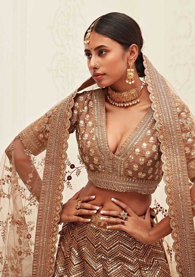 Brown Sequin Embroidered Slub Silk Blend Lehenga Set for Diwali and Festive Wear - Indya