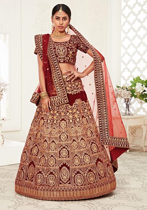 Red Sequin Embroidered Velvet Lehenga Set