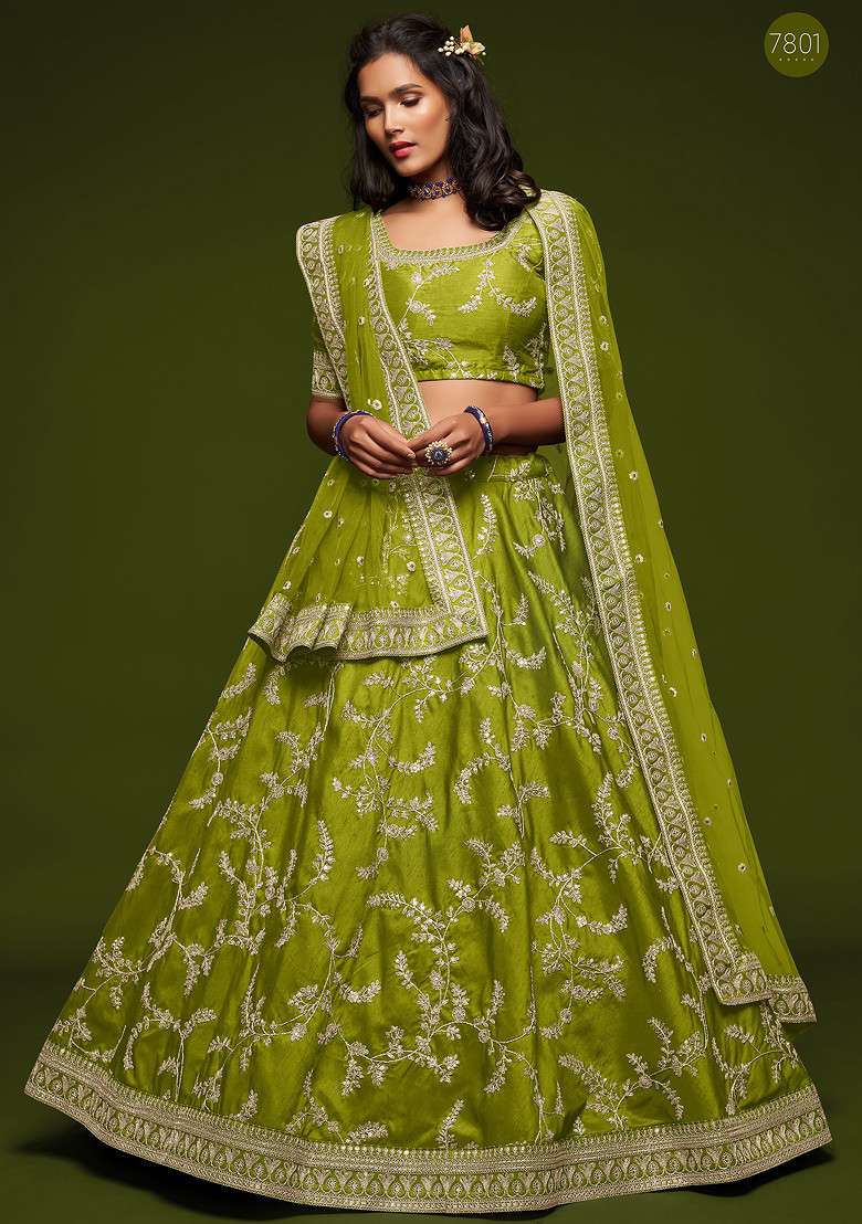 Neon Green Sequin Embroidered Art Silk Blend Lehenga Set for Diwali and Festive Wear - Indya