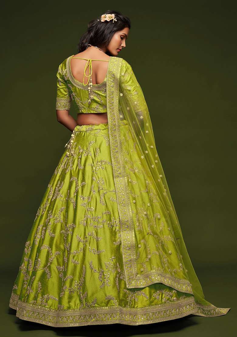 Neon Green Sequin Embroidered Art Silk Blend Lehenga Set for Diwali and Festive Wear - Indya