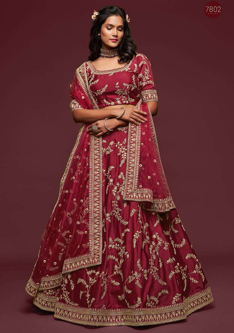 Maroon Sequin Embroidered Art Silk Blend Lehenga Set for Diwali and Festive Wear - Indya