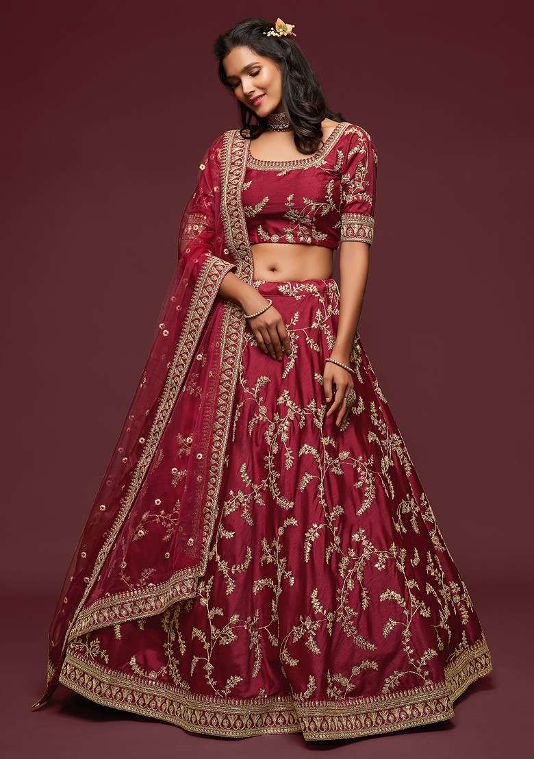 Maroon Sequin Embroidered Art Silk Blend Lehenga Set for Diwali and Festive Wear - Indya