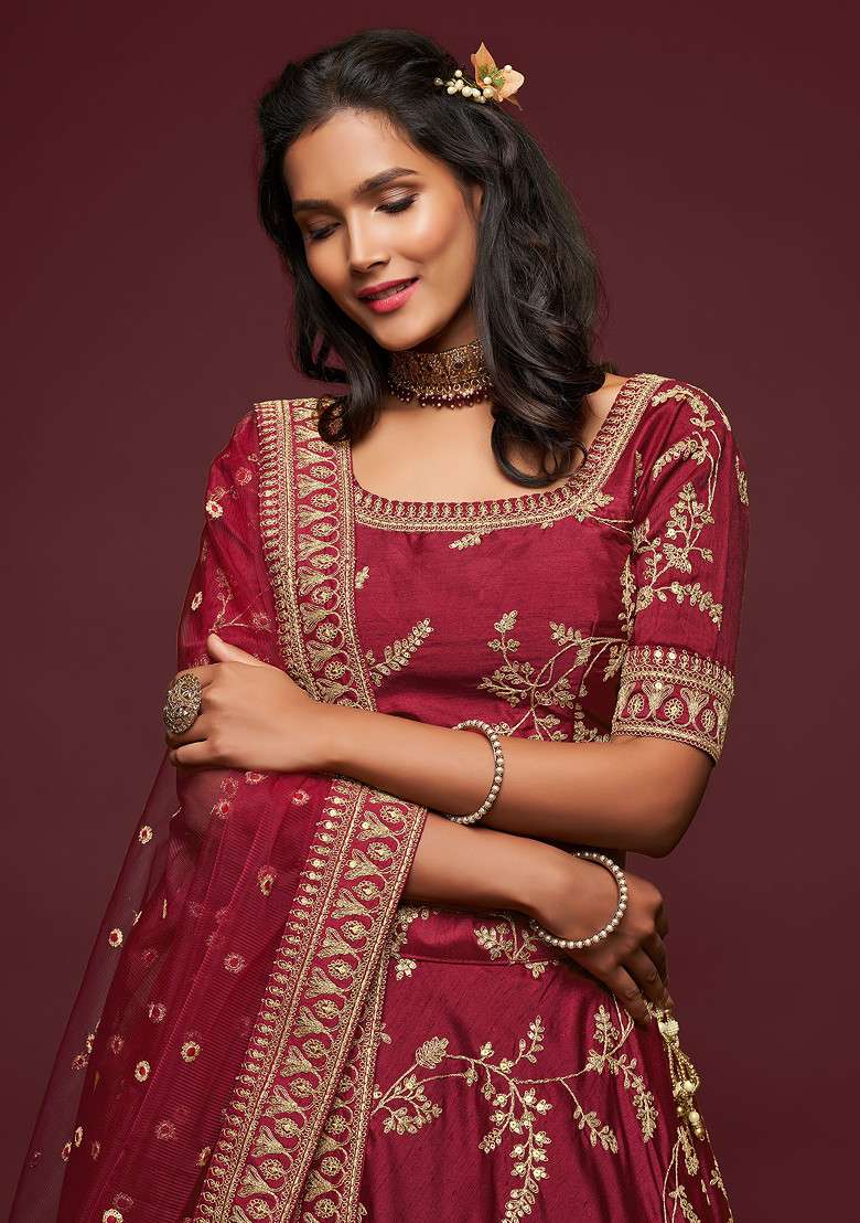 Maroon Sequin Embroidered Art Silk Blend Lehenga Set for Diwali and Festive Wear - Indya