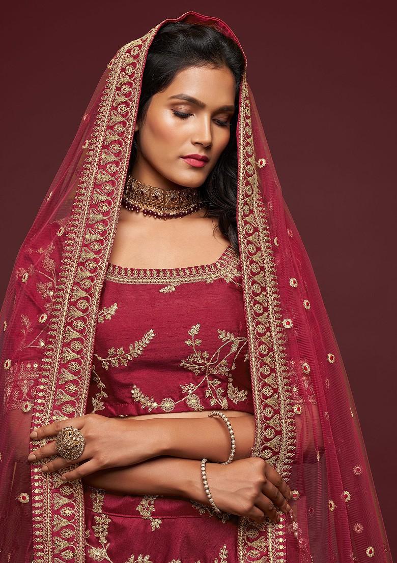 Maroon Sequin Embroidered Art Silk Lehenga Set - Indya