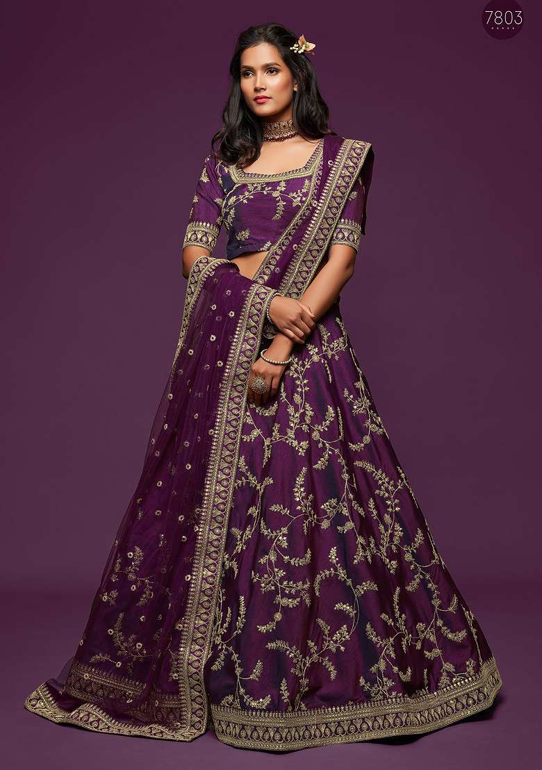 Purple Sequin Embroidered Art Silk Blend Lehenga Set for Diwali and Festive Wear - Indya