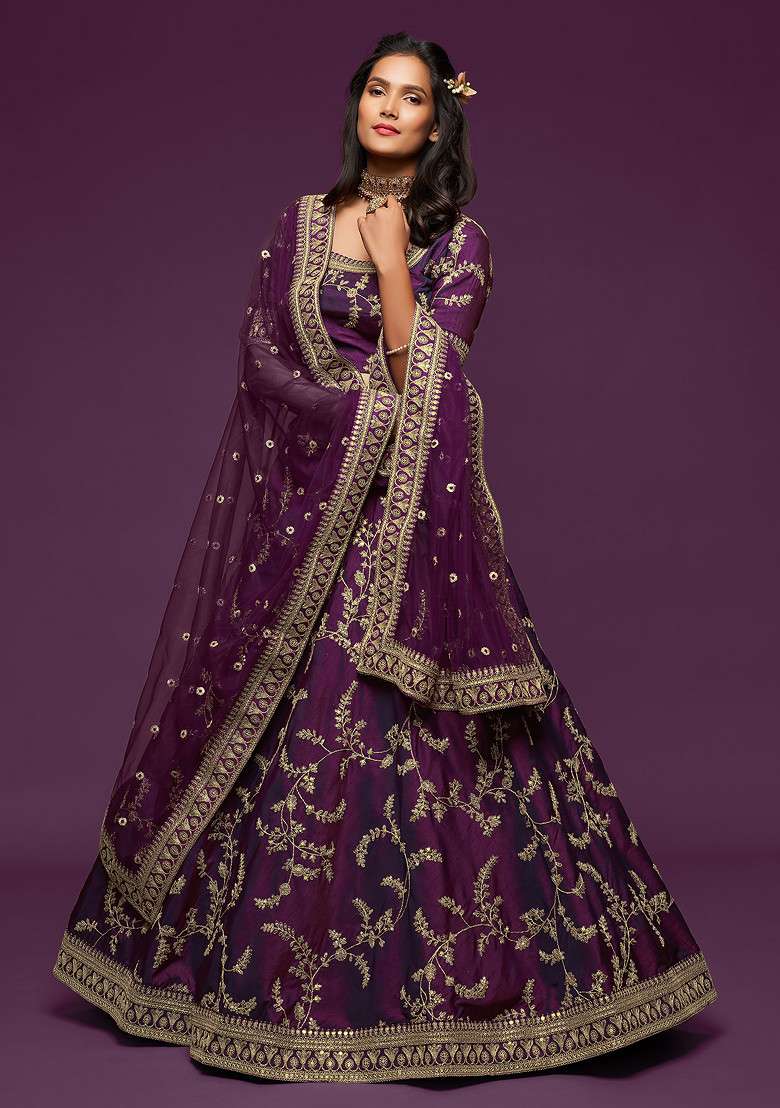 Purple Sequin Embroidered Art Silk Blend Lehenga Set for Diwali and Festive Wear - Indya