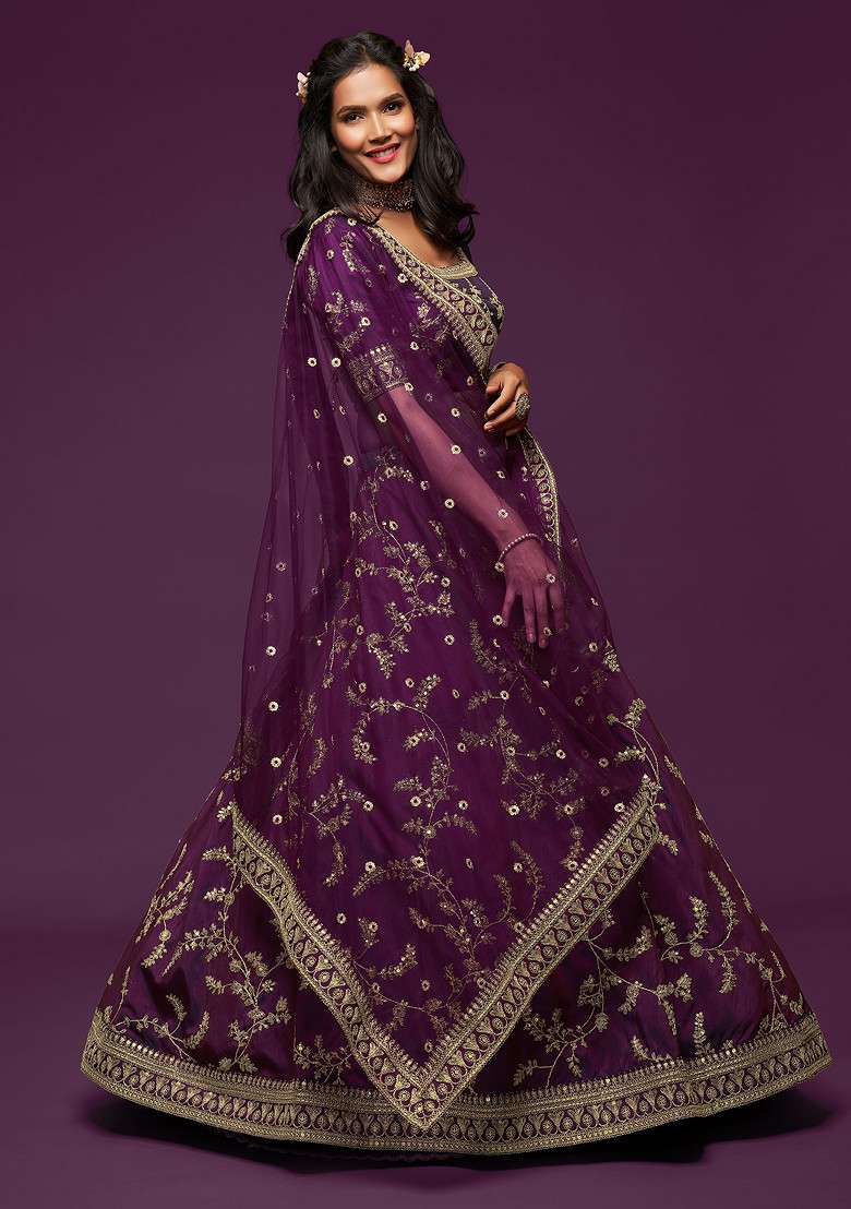 Purple Sequin Embroidered Art Silk Blend Lehenga Set for Diwali and Festive Wear - Indya
