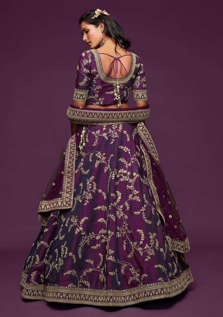 Purple Sequin Embroidered Art Silk Blend Lehenga Set for Diwali and Festive Wear - Indya