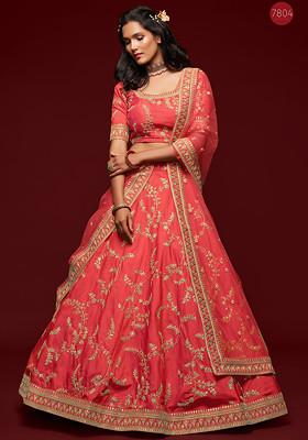 Orange Sequin Thread Embroidered Art Silk Lehenga Set