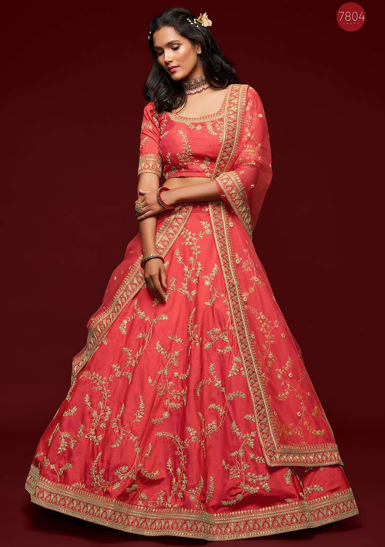 Orange Thread Blend Art Silk Lehenga Set with Embroidered & Sequin for Diwali | Wedding & Festive Wear - Indya