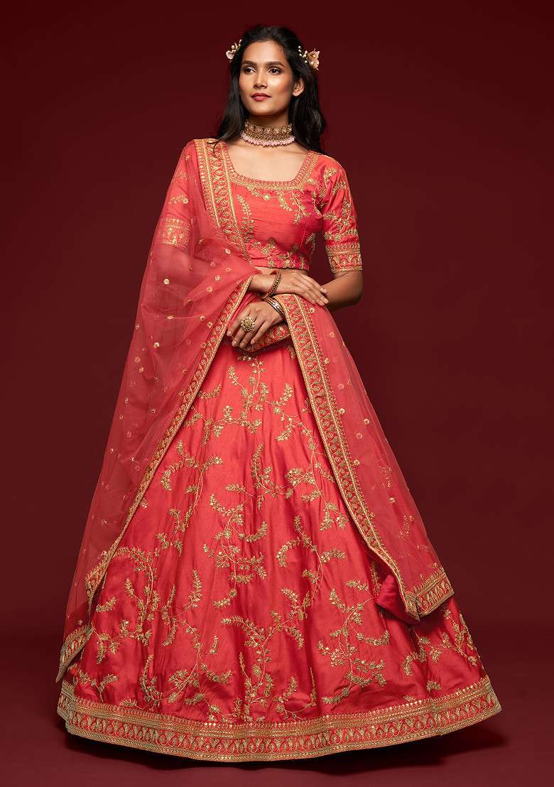 Orange Thread Blend Art Silk Lehenga Set with Embroidered & Sequin for Diwali | Wedding & Festive Wear - Indya