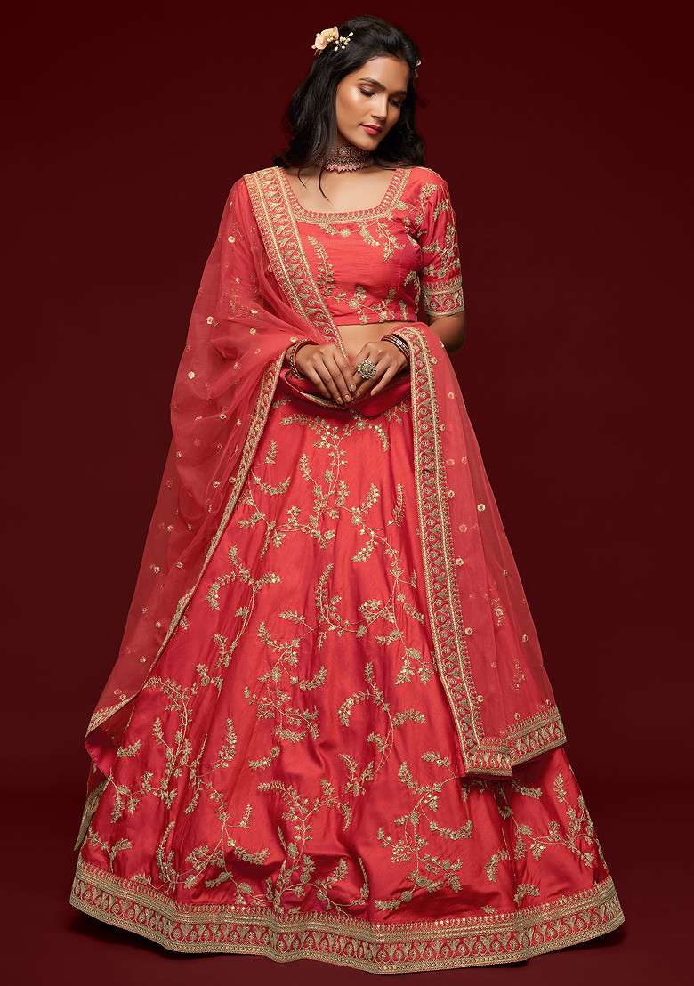 Orange Thread Blend Art Silk Lehenga Set with Embroidered & Sequin for Diwali | Wedding & Festive Wear - Indya