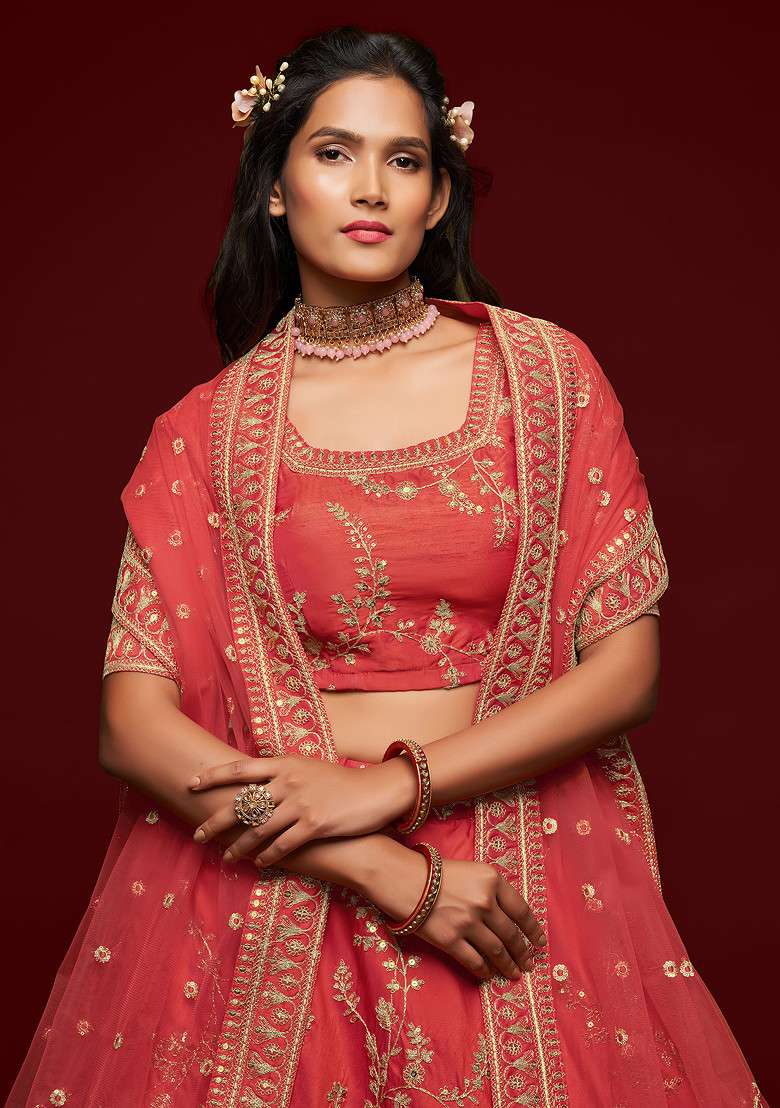 Orange Thread Blend Art Silk Lehenga Set with Embroidered & Sequin for Diwali | Wedding & Festive Wear - Indya