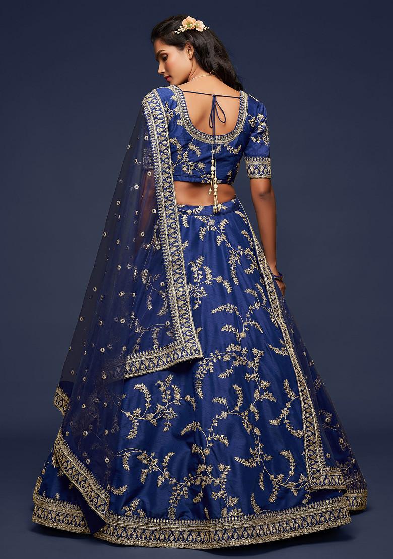 Blue Sequin Embroidered Art Silk Lehenga Set - Indya