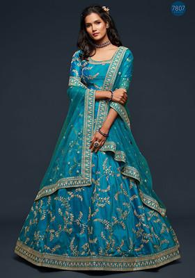 Teal Blue Sequin Embroidered Art Silk Lehenga Set