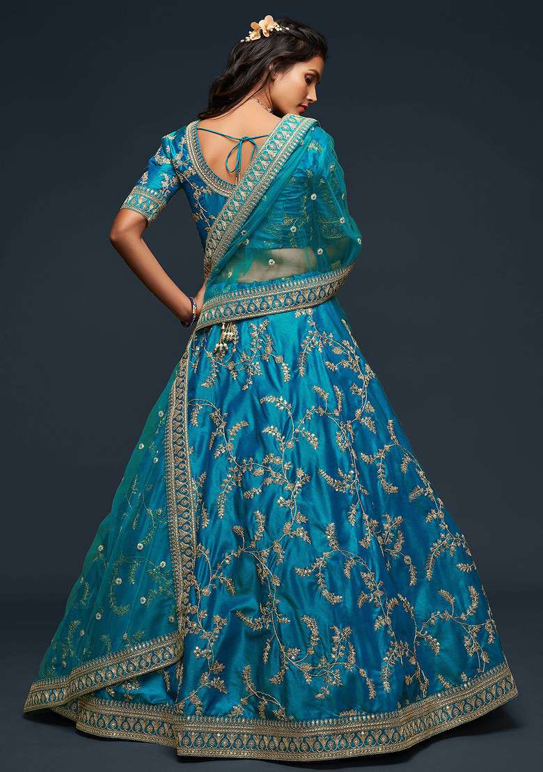 Teal Blue Blend Art Silk Lehenga Set with Embroidered & Sequin for Diwali | Wedding & Festive Wear - Indya