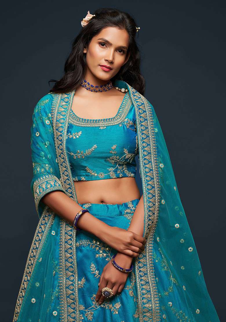 Teal Blue Blend Art Silk Lehenga Set with Embroidered & Sequin for Diwali | Wedding & Festive Wear - Indya