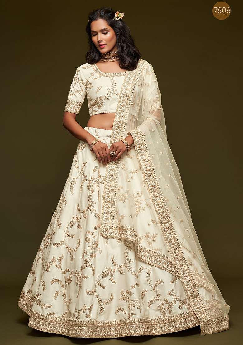 White Sequin Embroidered Work Art Silk Blend Lehenga Set for Diwali and Festive Wear - Indya