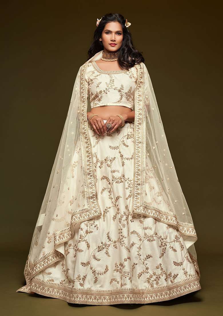 White Sequin Embroidered Work Art Silk Blend Lehenga Set for Diwali and Festive Wear - Indya
