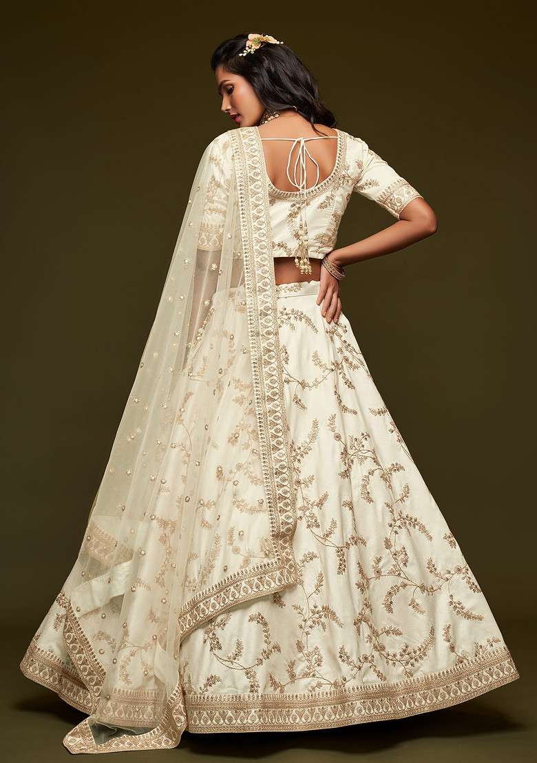 White Sequin Embroidered Work Art Silk Blend Lehenga Set for Diwali and Festive Wear - Indya