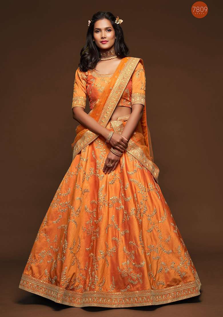 Orange Sequin Embroidered Art Silk Blend Lehenga Set for Diwali and Festive Wear - Indya