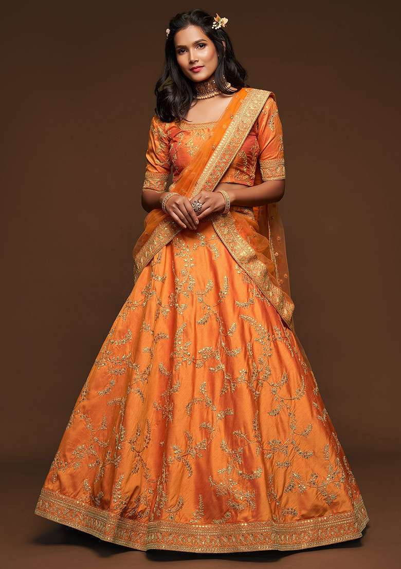 Orange Sequin Embroidered Art Silk Blend Lehenga Set for Diwali and Festive Wear - Indya