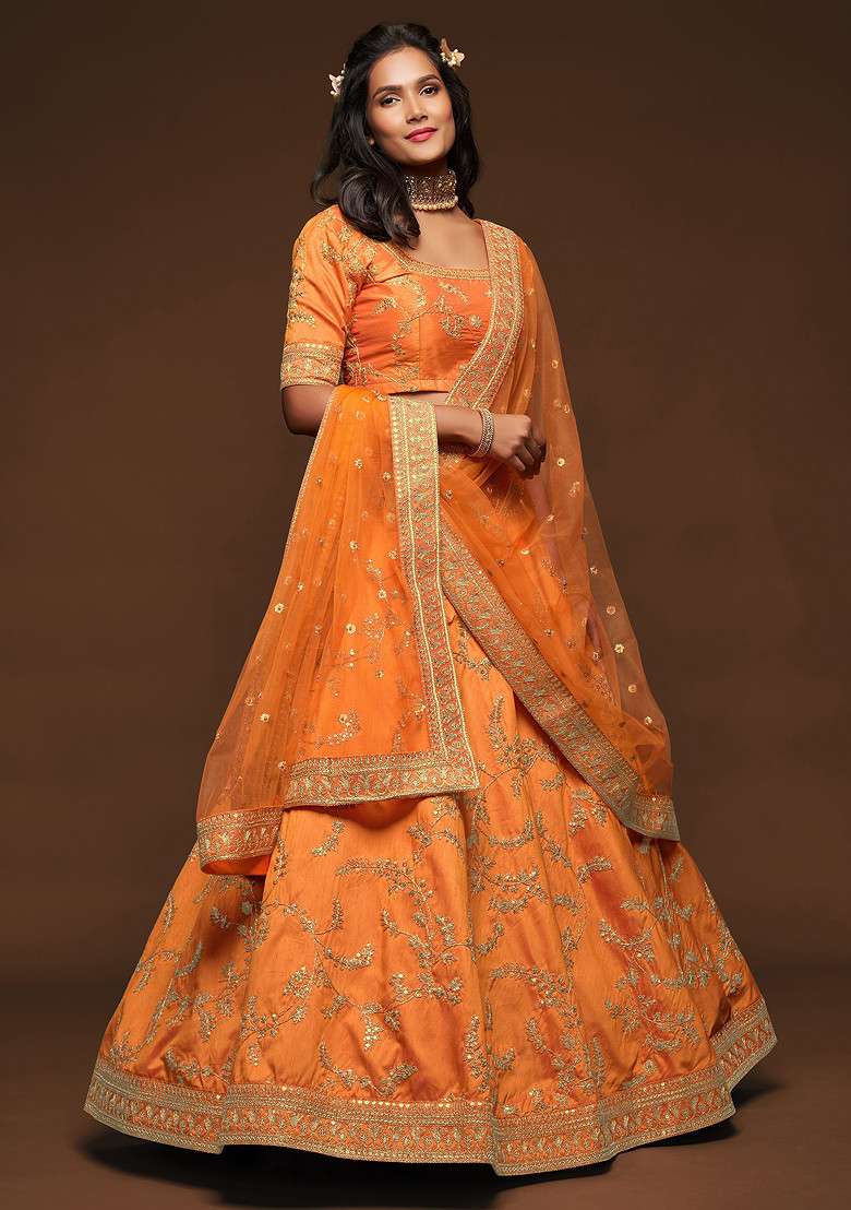 Orange Sequin Embroidered Art Silk Blend Lehenga Set for Diwali and Festive Wear - Indya