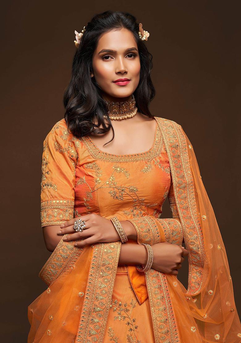 Orange Sequin Embroidered Art Silk Lehenga Set - Indya
