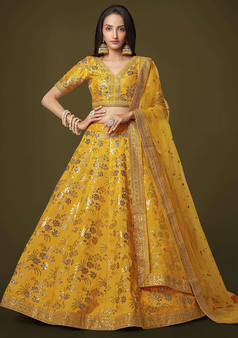 Yellow Dori Embroidered Slub Silk Blend Lehenga Set for Diwali and Festive Wear - Indya