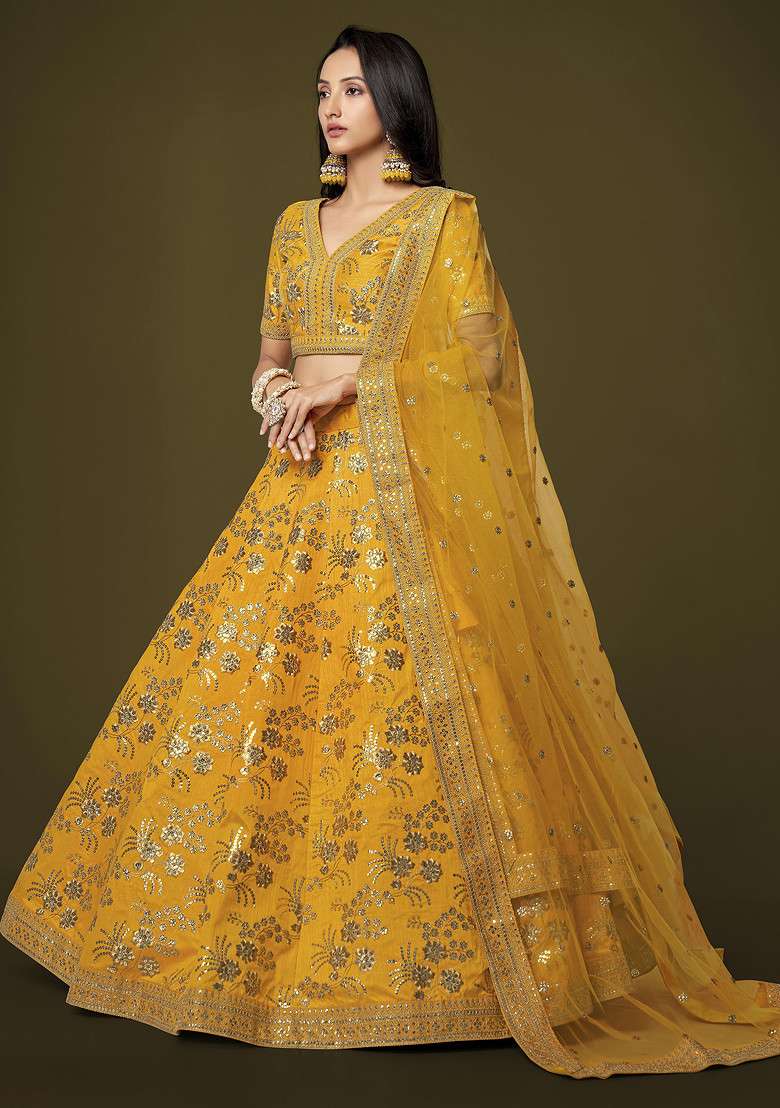 Yellow Dori Embroidered Slub Silk Blend Lehenga Set for Diwali and Festive Wear - Indya