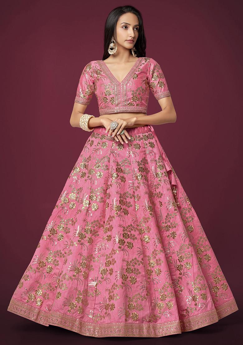 Pink Dori Embroidered Slub Silk Lehenga Set