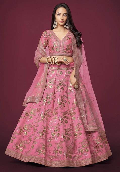 Pink Dori Embroidered Slub Silk Lehenga Set