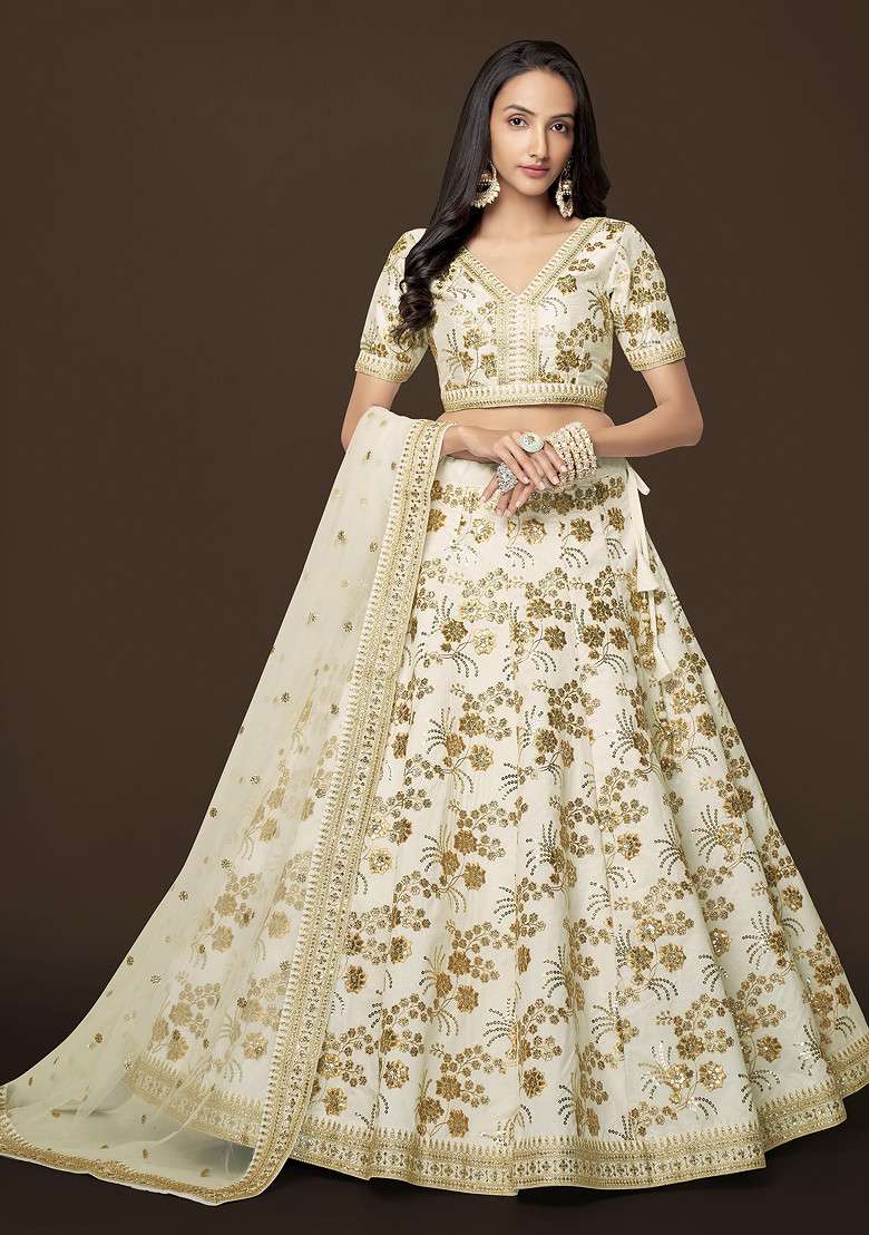 White Dori Slub Silk Blend Lehenga Set with Embroidered for Diwali | Wedding & Festive Wear - Indya