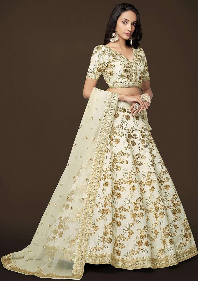 White Dori Slub Silk Blend Lehenga Set with Embroidered for Diwali | Wedding & Festive Wear - Indya