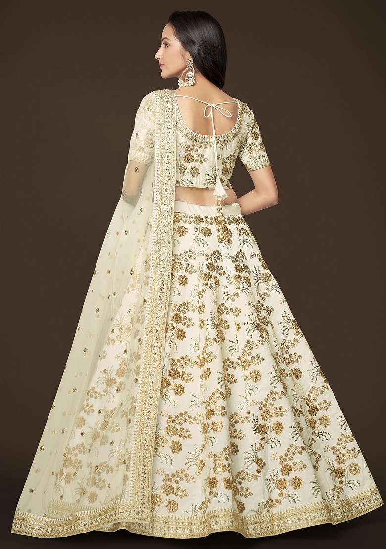White Dori Slub Silk Blend Lehenga Set with Embroidered for Diwali | Wedding & Festive Wear - Indya