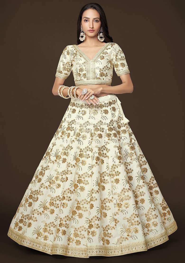 White Dori Slub Silk Blend Lehenga Set with Embroidered for Diwali | Wedding & Festive Wear - Indya
