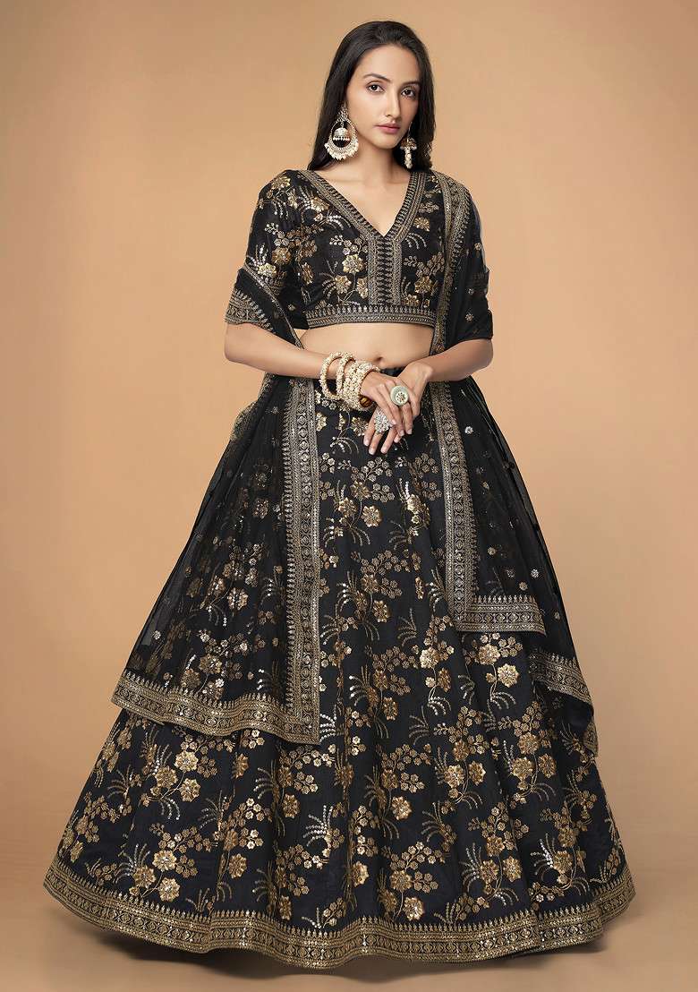 Black Dori Slub Silk Blend Lehenga Set with Embroidered for Diwali | Wedding & Festive Wear - Indya