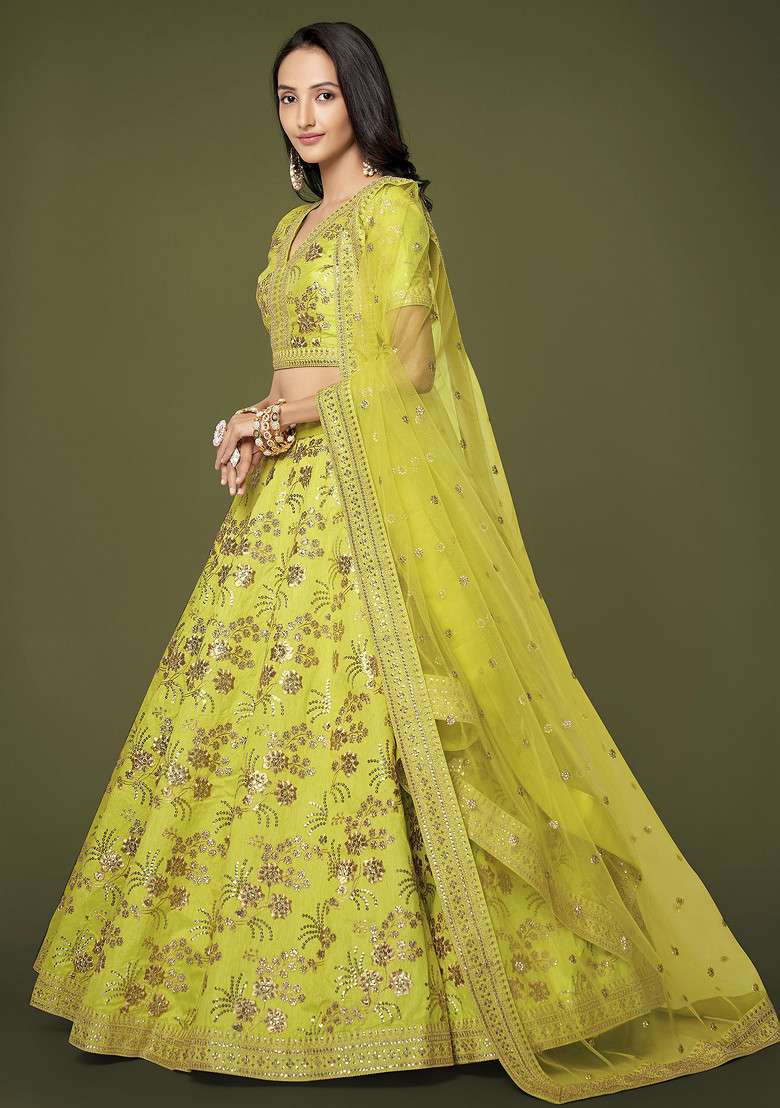 Neon Dori Embroidered Slub Silk Blend Lehenga Set for Diwali and Festive Wear - Indya