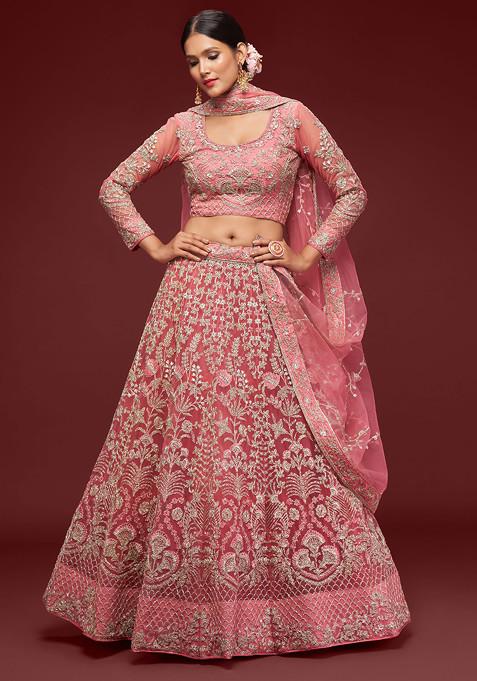 Rose Pink Dori Embroidered Soft Net Lehenga Set