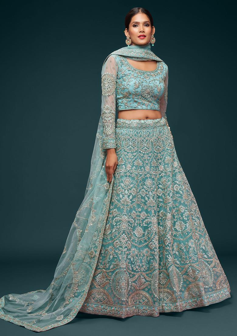 Blue Zari Dori Embroidered Soft Net Lehenga Set