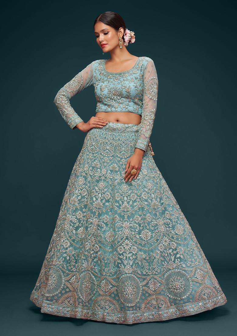 Blue Zari Dori Embroidered Soft Net Lehenga Set