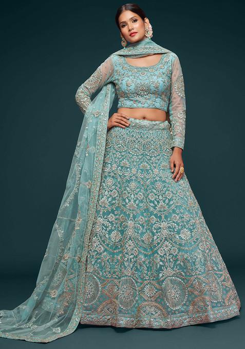 Blue Zari Dori Embroidered Soft Net Lehenga Set