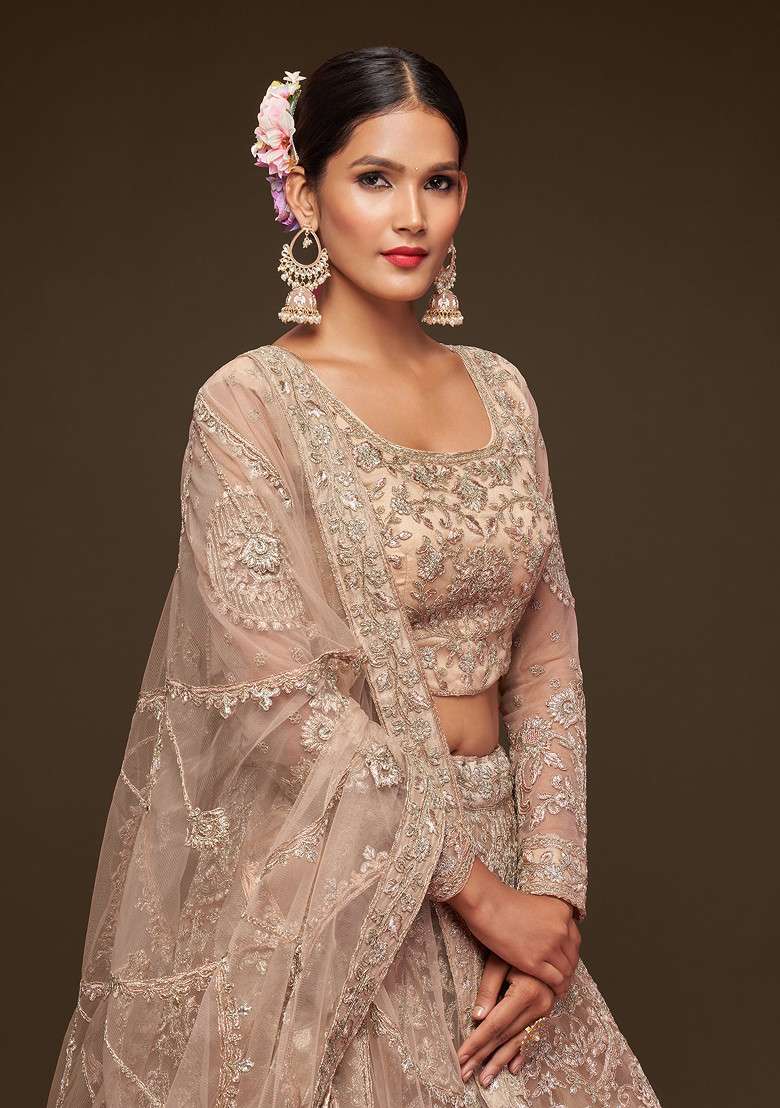 Beige Royal Dori Soft Net Lehenga Set with Embroidered for Diwali | Wedding & Festive Wear - Indya