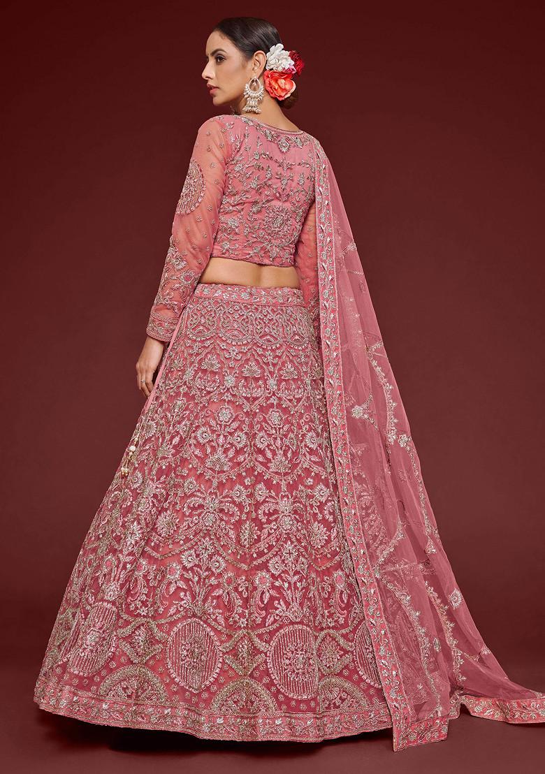 Rose Pink Glitter Dori Embroidered Soft Net Lehenga Set