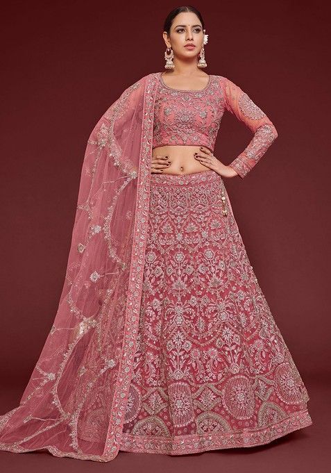 Rose Pink Glitter Dori Embroidered Soft Net Lehenga Set