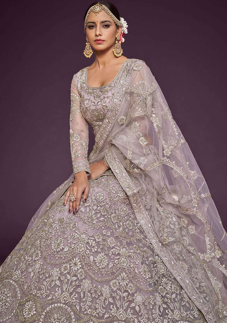 Dusky Orchid Glitter Dori Soft Net Lehenga Set with Embroidered for Diwali | Wedding & Festive Wear - Indya