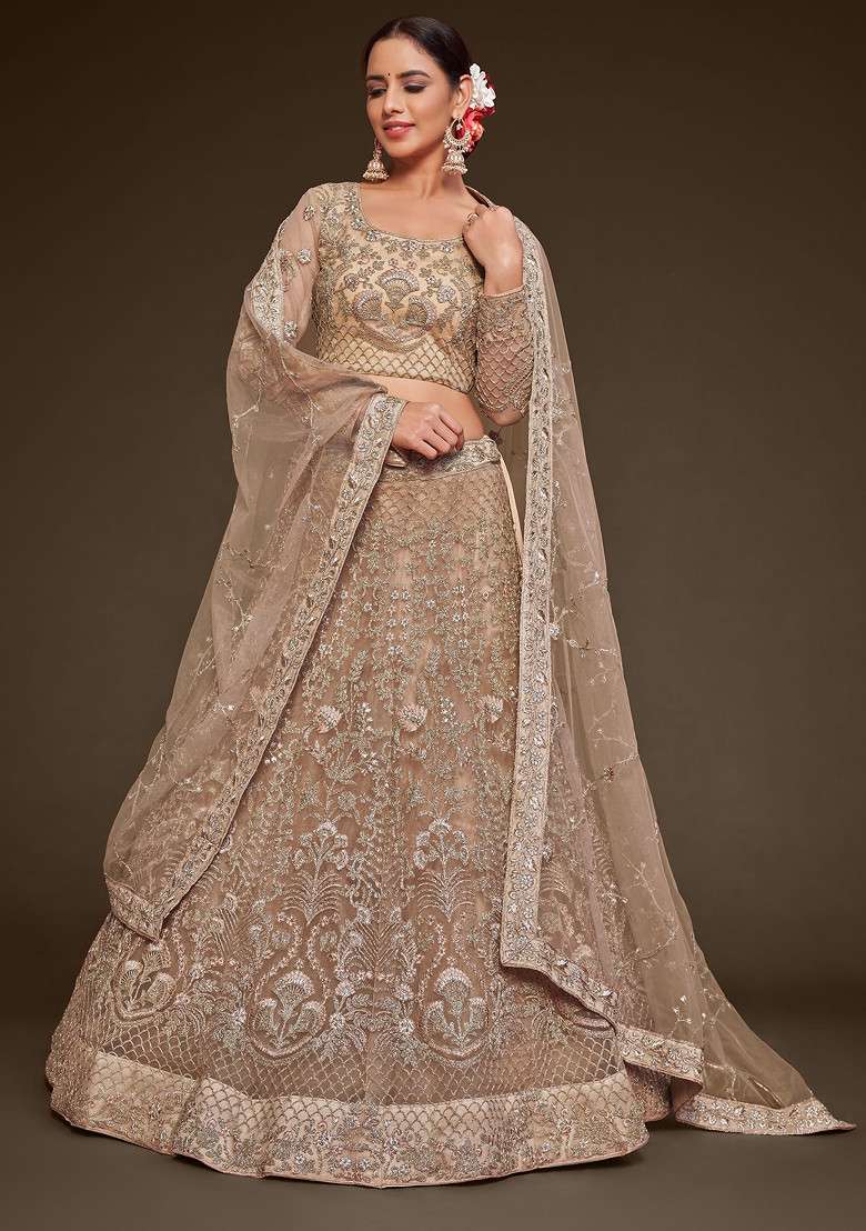 Beige Royal Glitter Dori Embroidered Soft Net Lehenga Set for Diwali and Festive Wear - Indya
