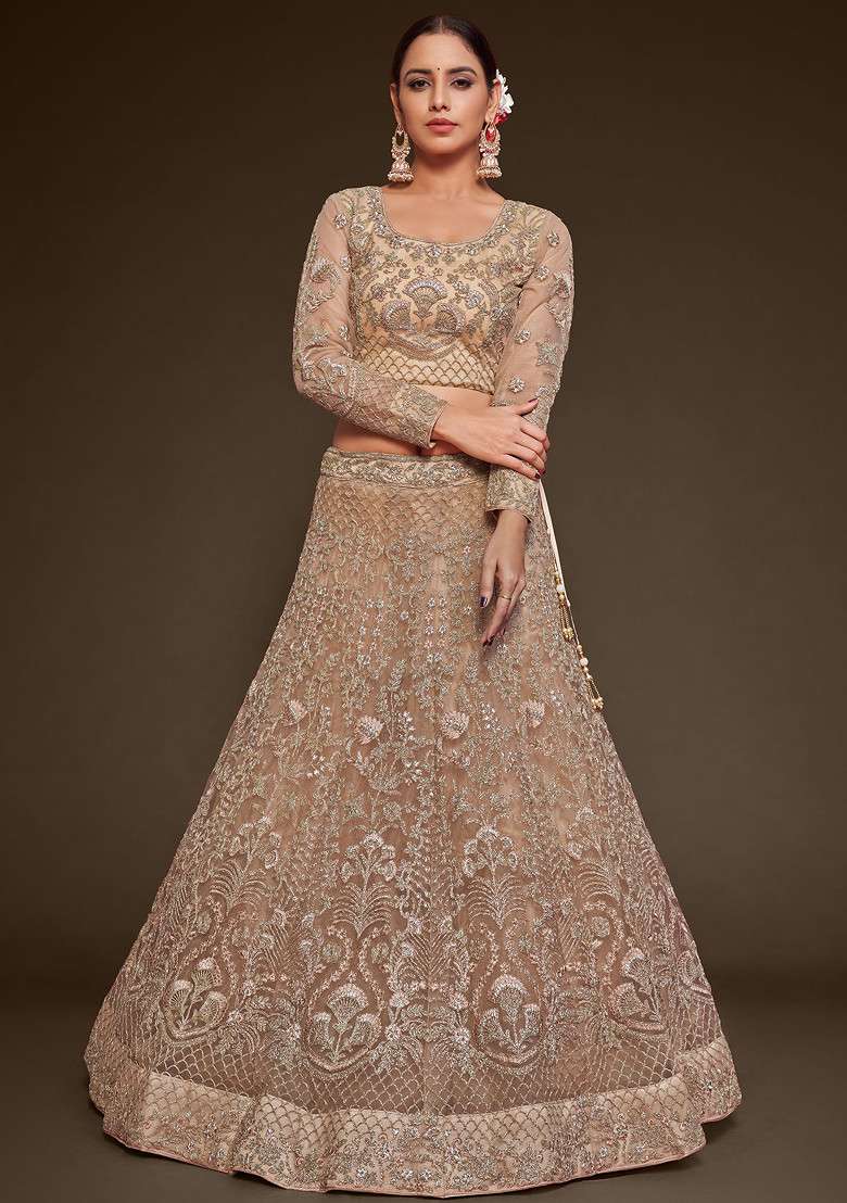 Beige Royal Glitter Dori Embroidered Soft Net Lehenga Set for Diwali and Festive Wear - Indya