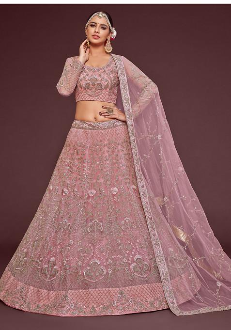 Pearl Pink Dori Embroidered Soft Net Lehenga Set